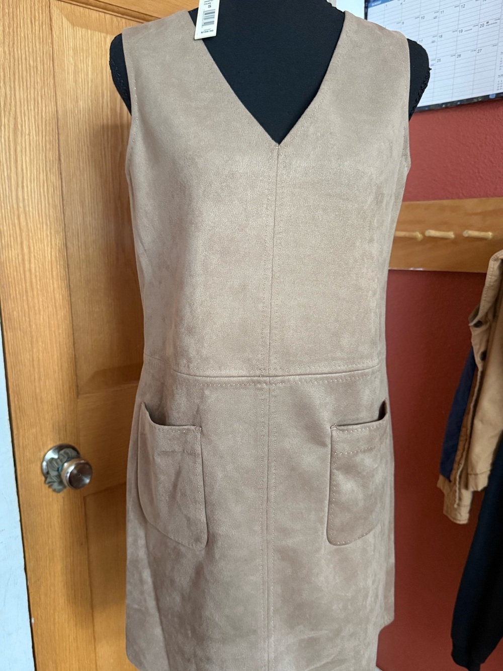 Max Studio Taupe Faux Suede V-Neck Shift Dress